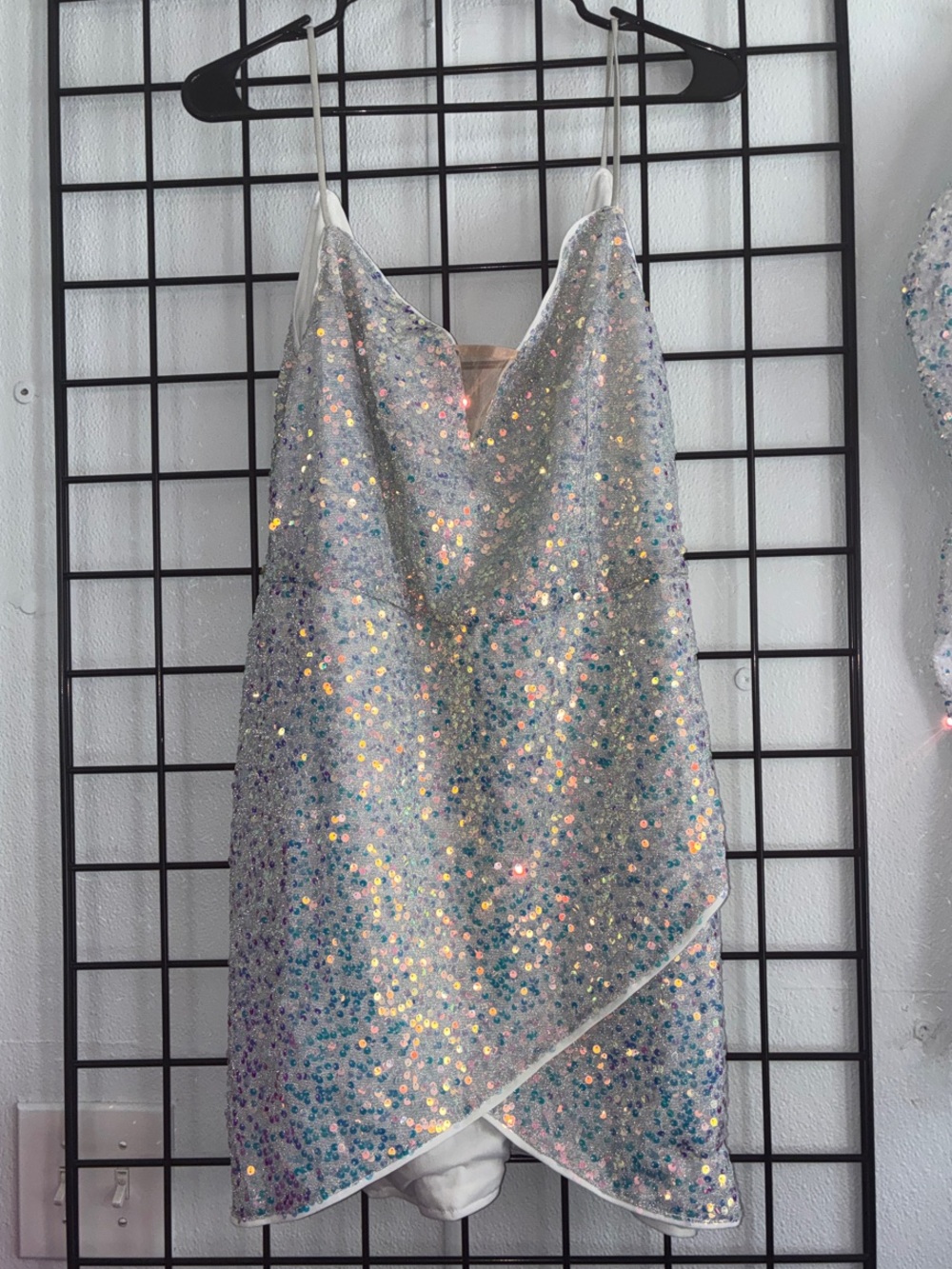 Silver Sequin Mini Dress with Spaghetti Straps